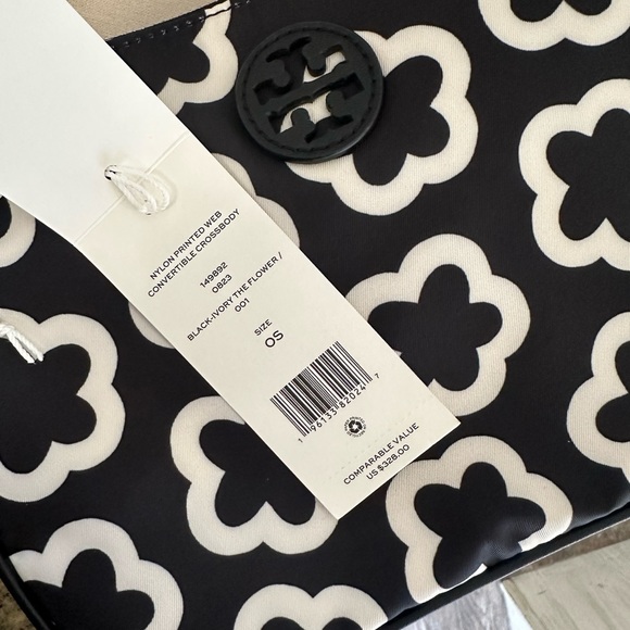 New Tory Burch NYLON PRINTED WEB CONVERTIBLE CROSSBODY BLACK-IVORY THE FLOWER - Picture 7 of 10